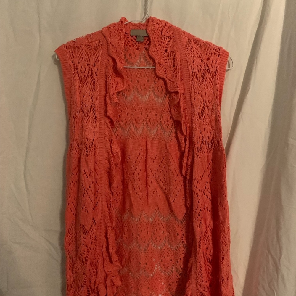 Girls XL/women’s medium, long crocheted Orange sweater vest.